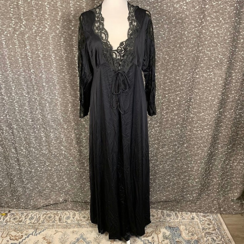 VTG Lily of France Black Peignoir Robe and Nightgown Set Union Made 70s Large